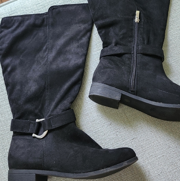 Shoes - Black Suede-Cloth Wide Calf Boots - Size 8